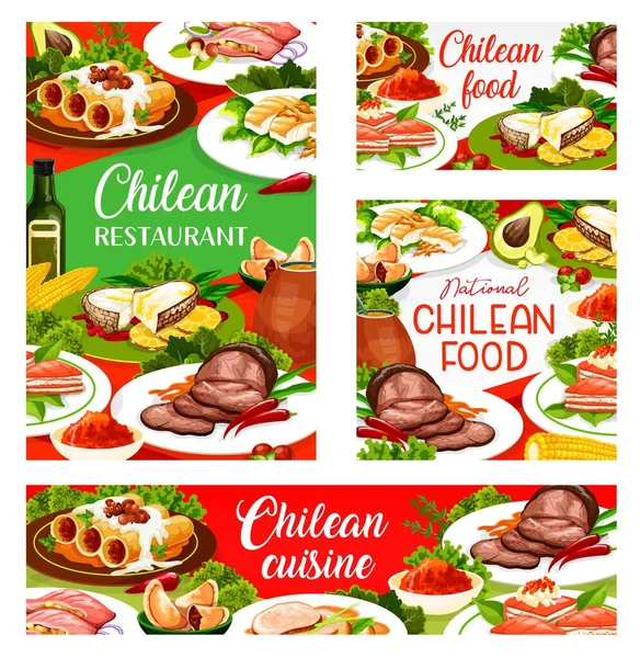 Χιλιανή Κουζίνα Εστιατόριο Διάνυσμα Μενού Καλύπτει Παραδοσιακά Πιάτα Τσίλι Κανελόνια — Διανυσματικό Αρχείο