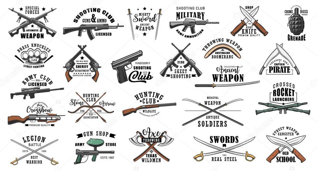 Guns and military weapon shop vector icons and symbols. Hunting ammunition rifles, crossbows and knives, saber and boomerang, brass knuckles, axe and grenade, shotgun and sword, machete or dagger