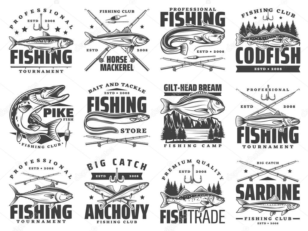 Fishing sport club badges, fishes and rod hooks tackle vector icons. Fisherman tournament of big fish catch, ocean tuna, sea bass and horse mackerel, sardines and ocean anchovy, river pike and catfish