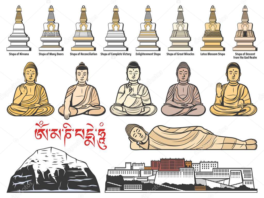 Tibet Buddhism religion, Tibetan Buddhist stupa shrines, Buddha meditatin postures. Potala Palace in Tibet and Mount Kailash. Tibet religious landmarks, symbols and famous architecture vector icons