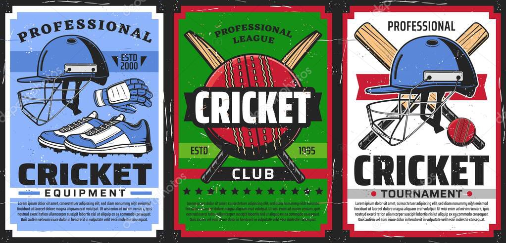 Cricket sport game equipment vector vintage posters, sport club championship and team cup tournament. Cricket professional equipment shop for players, bat and balls, outfit garments, hats and footwear