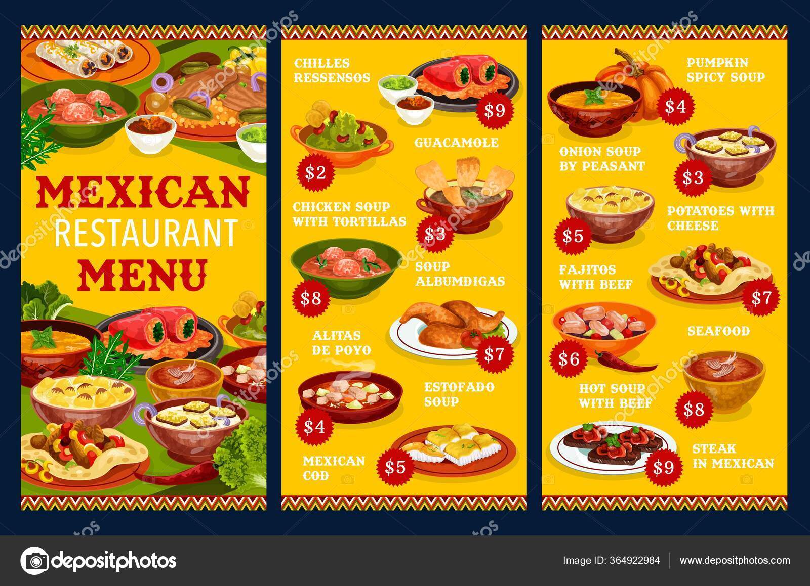 Mexican Restaurant Menu Vector Template Vegetable Meat Fish Dishes Beef ...