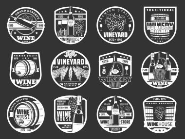 Şarap ve şampanya şişeli şarap, üzüm suyu ve atıştırmalık yiyecek. İçki fıçısı, cam ve üzüm bağı üzüm, tirbuşon ve hasır sepeti tek renkli simgeler tasarımı.