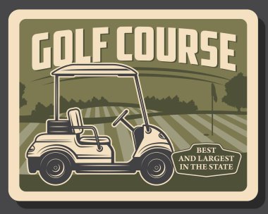 Yeşil oyun alanı, delik, bayrak ve arabanın golf sahası vektör tasarımı. Golf kulübü çimen çayırı, bayrak direği, arka planda tepe ve ağaçlar, açık hava eğlence afişi koyuyor.