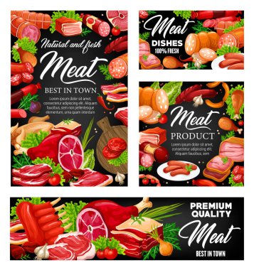 Et ve sosis ve baharatlı otlar kasap dükkanının vektör tasarımı. Biftek, salam ve domuz eti, tavuk budu, hindi ve pastırma şeritleri, barbekü sosisi ve hamburger köftesi.