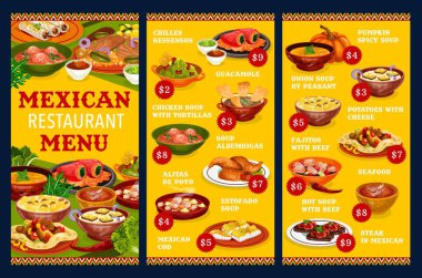 Meksika restoranının menü şablonunda sebze, et ve balık yemekleri var. Sığır eti fajitası, guacamole sosu ve dolma biber, tavuk kanadı, deniz ürünleri salatası, biftek ve estofado yahnisi, çorba, tortilla