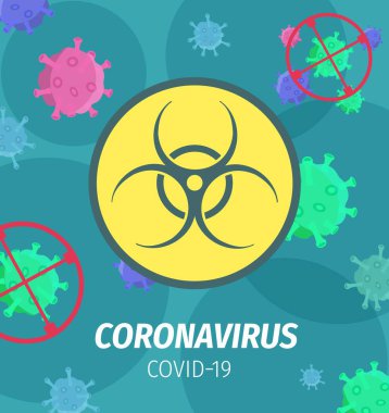 Coronavirus salgını biyolojik tehlike taşıyıcı posteri. Covid 19 virüs hücreleri biyolojik tehlike uyarısı ile rastgele uçar. Karantina, korona virüsü salgını tehlike alarmı, salgın hastalık. Covid19 mikroplu çizgi film kartı.