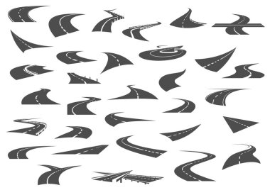 Trafik, ulaşım ve seyahat vektör tasarımının siyah siluetleri. Asfalt yol, rota ve sürüş yolu, kıvrımlı, kıvrımlı ve düz hız yolları işaretli şeritler, kavşaklar, dönüşler