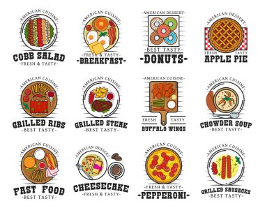 Amerikan Mutfak Restoranı, vektör yiyecek ve içecek ikonlarını izole etti. İnce bir sıra fast food burger, çizburger ve hamburger sandviçi, ızgara biftek kaburga, sosisli ve patates, tavuk, çorba ve salata.