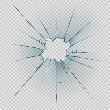 Kırık, çatlak veya çökmüş cam vektör tasarımı gerçekçi delik, parçalanma ve çatlaklar, keskin kenarlar ve şeffaf arkaplan parçaları. Hasarlı pencere ya da kapı camı ve ön cam