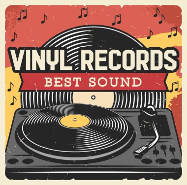 Vinil plaklar, müzik çalar, disko partisi vektör tasarımı. Müzik notaları olan vinil plaklar veya LP diskler ve dans kulübü daveti ve eğlence temalarının DJ turntable posterleri.