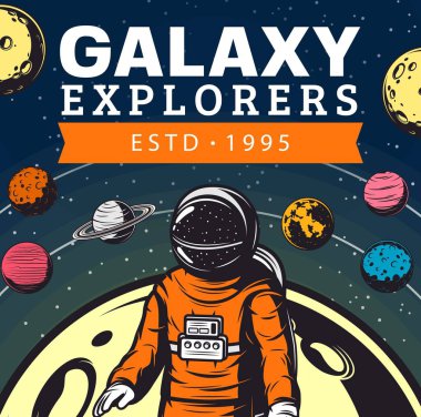 Astronot, astronomi biliminin gezegen vektör tasarımını yapıyor. Uzay giysisi ve miğferi olan galaksi kâşifi veya kozmonot kozmos, yıldızlar, Ay, Mars ve Satürn 'ü yörüngeleri ile keşfediyor.