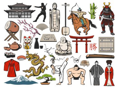 Japon seyahat vektör tasarımının Japonya sembolü. Fuji Dağı, Asya suşi yiyeceği ve tapınak pagoda, geyşa, bonsai ve origami, sakura ağacı, çay seti ve maneki neko kedisi, kimono, kağıt yelpaze ve torii kapısı.