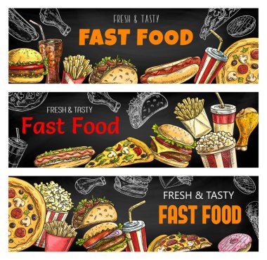 Fast food burgerleri ve sandviçler, vektör çizim afişleri, fast food restoran menüsü. Pizza, çizburger ve sosisli sandviç, patlamış mısır ve patates kızartması, tavuk ızgara ve Meksika tacosu, soda ve kahve.