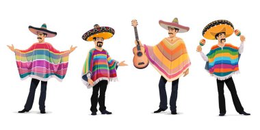Cinco de mayonez festivalinde Meksikalı müzisyenler. Mariachi müzik grubu gitar ve marakas çalan çizgi film vektör karakterlerini izole etti. Şapkalı ve pançolu Meksikalı adamlar, Cinco de Mayo karnaval müzisyenleri.