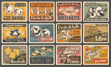 İtalyan makarnası ve İtalyan yemekli makarna retro posterleri. Vektör farfalle, penne ve filini durum noodle, doldurulmuş ravioli, tortelloni ve fagottini, tagliatelle, orecchiette ve creste di gallo