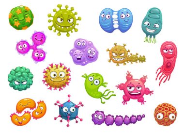 Virüs, bakteri ve mikrop taşıyan sevimli çizgi film karakterleri bulaşıcı canavarlar ve mikroplar, grip, koronavirüs, grip ve adenovirüs, rotavirüs ve papillomavirus. Tıp ve mikrobiyoloji
