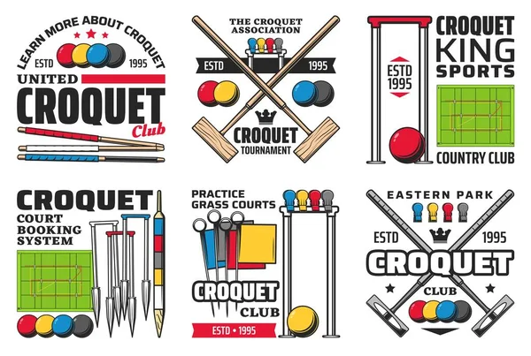Iconos Croquet Sport Con Bolas Vectoriales Mazos Aros Wickets Postes — Archivo Imágenes Vectoriales