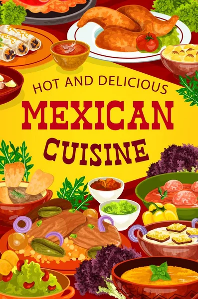 Meksika Mutfağı Yemekleri Sebzeler Vektör Yiyecekler Burrito Guacamole Acılı Sos — Stok Vektör
