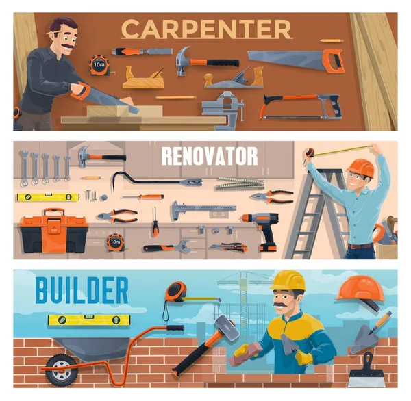 Estandartes Vetor Trabalhador Indústria Construção Com Carpinteiro Construtor Pedreiro Ferramentas — Vetor de Stock