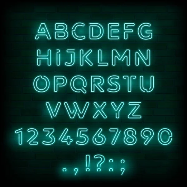 Neon Schrift Aus Buchstaben Und Zahlen Des Alphabets Blaues Neonfarbenes — Stockvektor