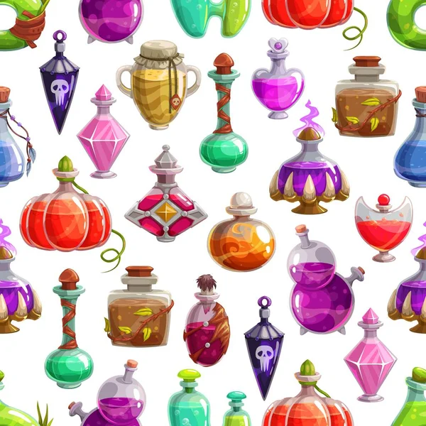 Zaubertrank Flaschen Vektor Nahtlose Muster Halloween Hintergrund Aus Glasflaschen Und — Stockvektor