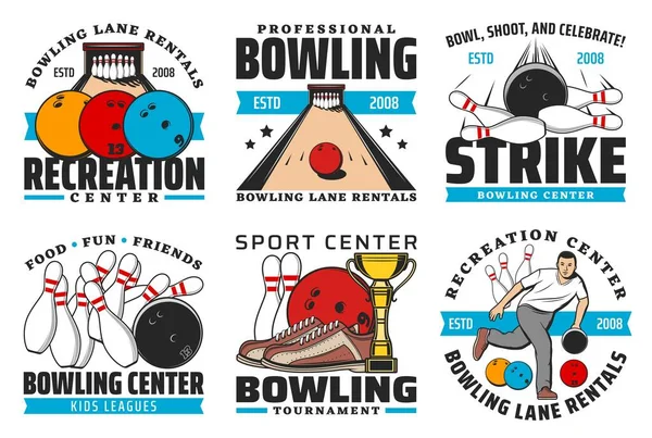 Bowling sport club vector icons with game balls and pin strike on alley, bowling competition winner trophy cup, player and shoes. Leisure recreation center or sporting tournament emblems design