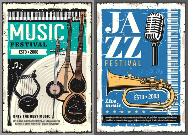 Muzikaal Festival Van Jazz Volksmuziek Grunge Posters Vector Muziekinstrumenten Retro — Stockvector