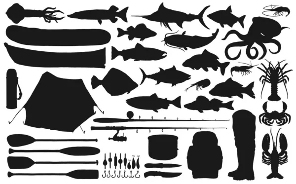 Fischer Ausrüstung Ausrüstung Und Fisch Schwarze Silhouetten Der Angelsport Vektor — Stockvektor