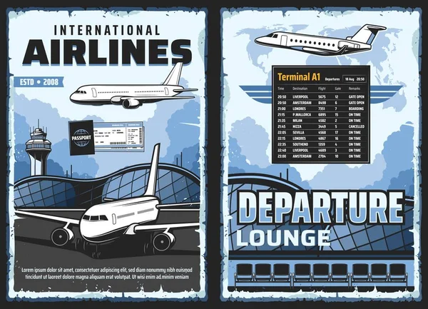 Luchthaven Vliegtuigen Van Internationale Luchtvaartmaatschappijen Vector Ontwerp Van Vliegreizen Vliegtuigen — Stockvector