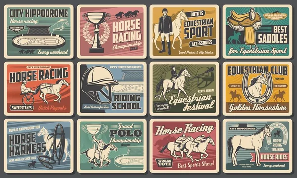 Racepaard Jockey Retro Posters Van Paardenrennen Paardensport Manege Polo Vector — Stockvector