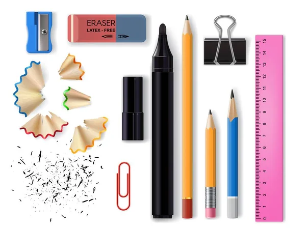 Papírnictví Realistický Návrh Školy Kancelářských Potřeb Vektorový Design Tužky Gumy — Stockový vektor