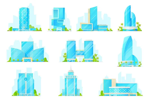 Obchodní Centrum Buduje Vektorové Ikony Městské Architektury Moderní Mrakodrapy Bankovní — Stockový vektor