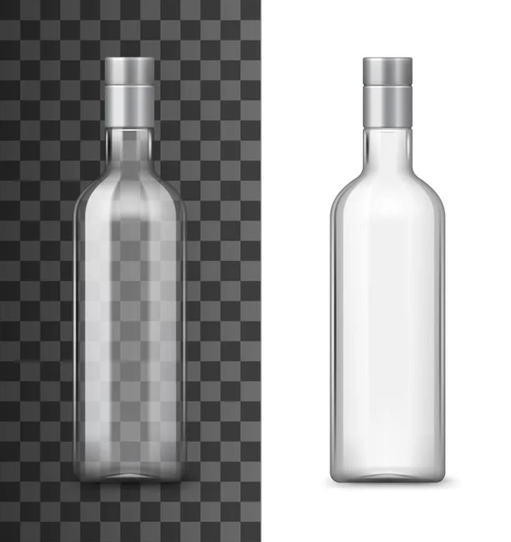 銀蓋3Dベクトルデザインのアルコール飲料の空のガラスボトル 透明容器の現実的なモックアップのウォッカ ブランデー ウイスキー蒸留酒白と透明背景 — ストックベクタ