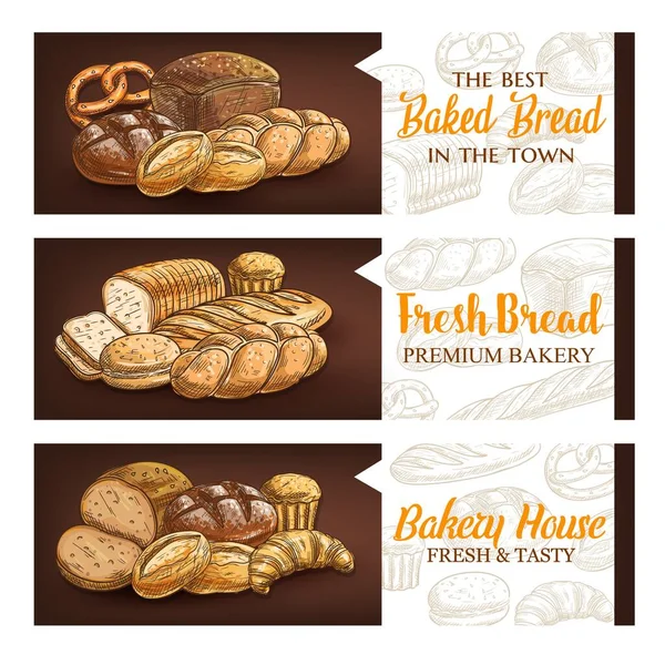 Bakkerij Producten Vector Banners Baker Winkel Volkoren Roggebrood Schets Zoet — Stockvector