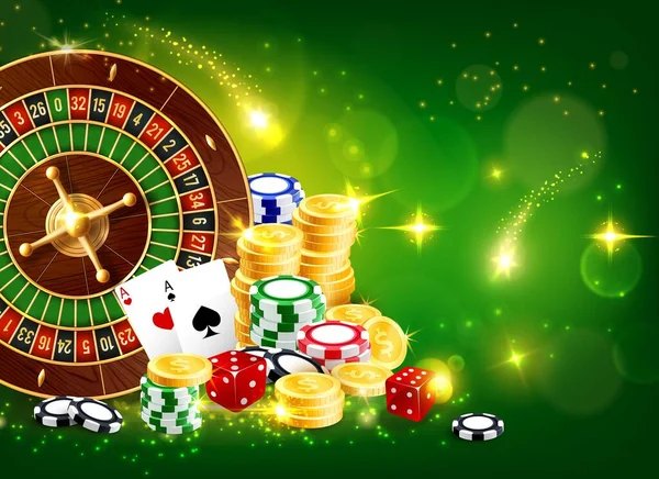 Casino Fortuin Roulette Realistische Vector Speelkaarten Dobbelstenen Met Chip Palen — Stockvector