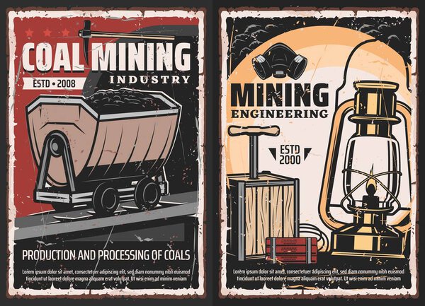 Coal mining industry grunge design with vector mine equipment and miner tools. Geology pick axe, oil lamp and mask, trolley with black minerals, dynamite sticks and detonator plunger box retro posters