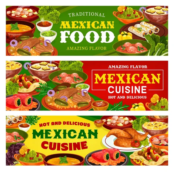 Bandeiras Vetor Comida Mexicana Burritos Vegetais Carne Fajitas Com Salsa —  Vetores de Stock