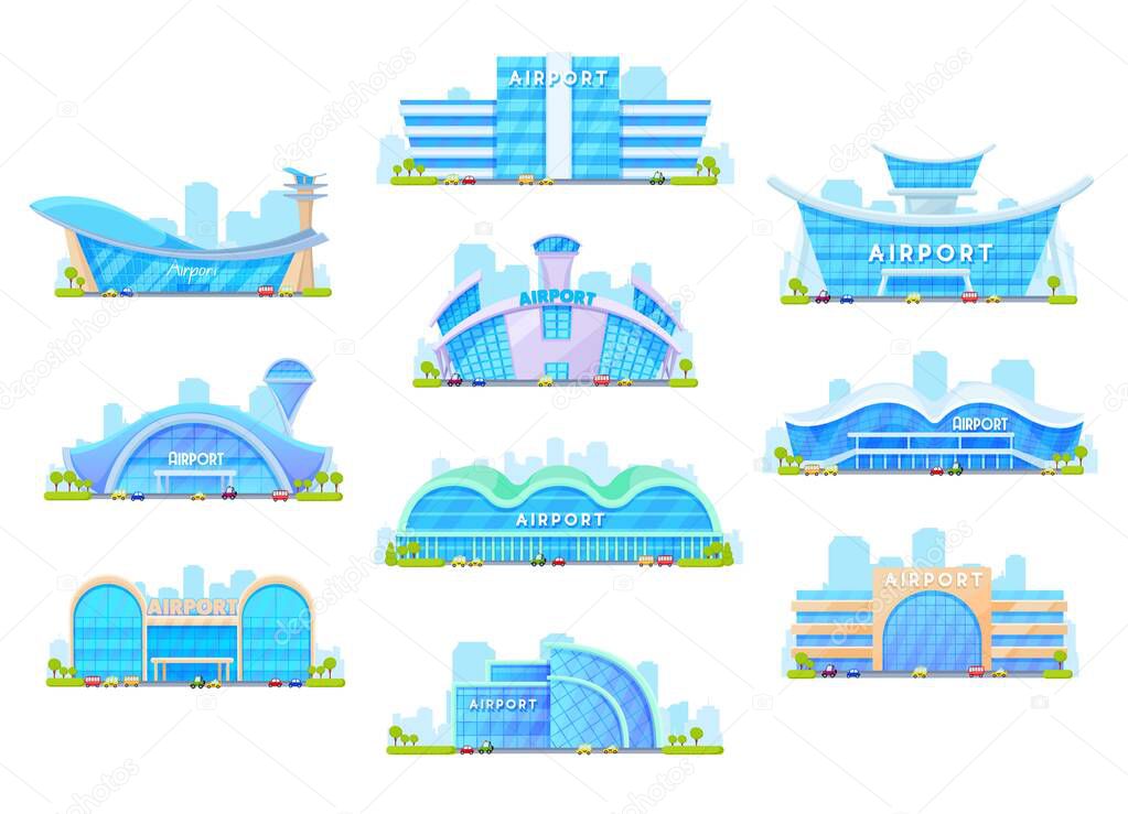 Airport building vector icons of aircraft transport and architecture design. Departure and arrival passenger terminals with traffic control towers, modern glass facades, airfields and parking lots