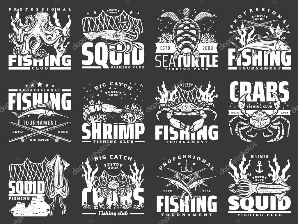 Sea fishing vector icons with seafood, fish and fisherman tackle. Crabs, octopus and tuna, marlin, shrimp and squid, sea turtle, prawn and fishing sport rods, nets and hook, fishery boat, anchors