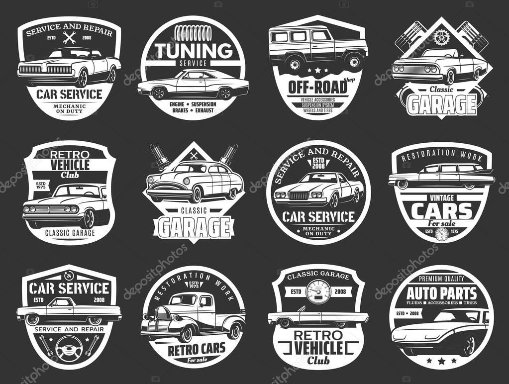 Retro car vector icons of auto service, spare part shop and mechanic garage design. Vintage sedan, pickup and off road cars with wrench, spanner, vehicle engine piston and spark plug shield badges