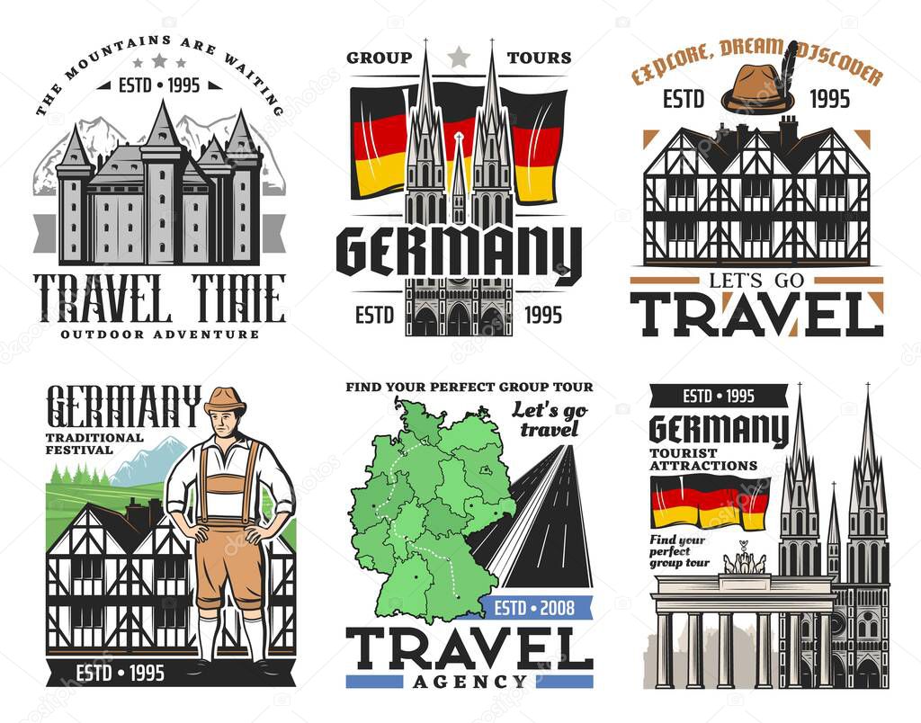 German travel icons of architectural landmarks and tourism of Germany. Vector flag, map and buildings, Brandenburg Gate, Bavarian castle, national costume and hunter hat, gothic church, highway road