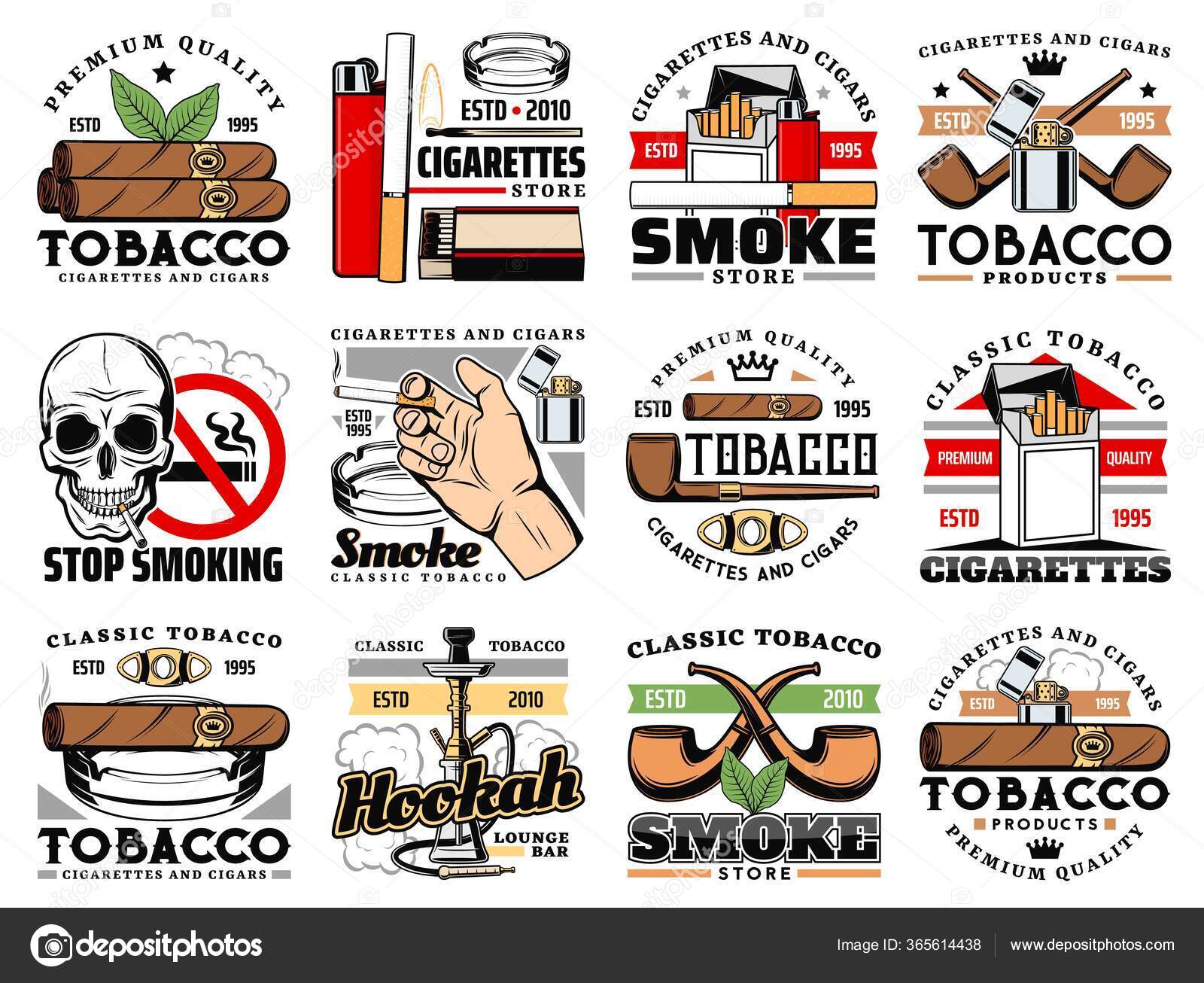Cigars Cigarettes Tobacco Shop Icons Hookah Lounge Bar Vector Sign