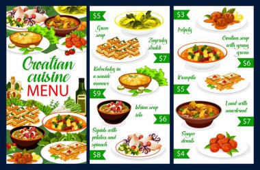 Hırvat mutfağı, restoran menüsü ve geleneksel Güneydoğu Avrupa yemekleri. Hırvat ulusal yemekleri ve yemekleri yeşil çorba, kirlilik ve kremptia, lahana turşulu kuzu eti ve patates ve ıspanakla mürekkep balığı