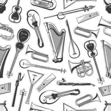 Müzik enstrümanları vektörsüz şablon arkaplanı. Klasik orkestra, caz ve folk müzik enstrümanları, mandolin ve arp, sitar veya zither ve flüt, balalayka ve flüt, banjo ve çello desenleri