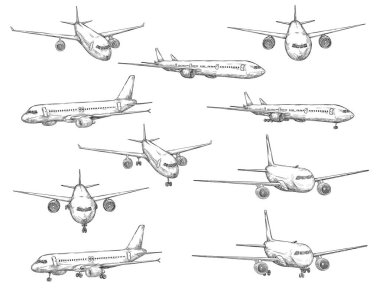 Uçak çizim vektör simgeleri farklı görünümde. Kalkış ve inişte türbin motorlu modern uçak tipleri, sivil havacılık taşımacılığı, oyma sembolleri