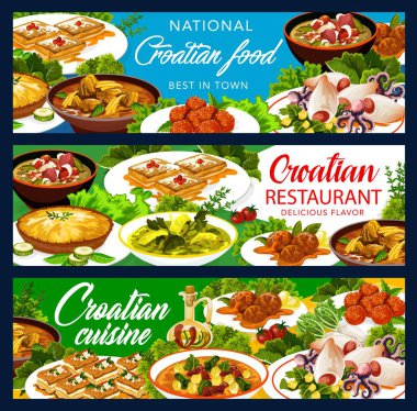 Hırvat mutfağı afişleri, geleneksel Güneydoğu Avrupa yemek menüsü. Hırvat ulusal et kirliliği ve kremptia yemekleri, lahana turşulu kuzu eti, sebze çorbası ve hamur işi