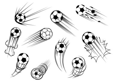 Soccer and football ball flying with goal kick trace, vector icons. Soccer sport club and football college team tournament and sport game match cup balls symbols clipart