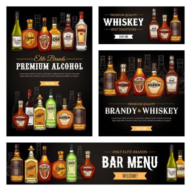 Bar menüsü vektör pankartları ve posterleri, kaliteli alkol şişeleri taslağı. Viski, rom ve absent, şarap ve viski, tekila, vermut ve kokteyl likörü.