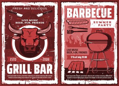 Barbekü partisi, vektör vintage grunge posteri. barbekü pikniği ve mangal ızgarası, sığır başı ve pirzolalı sosis, bira ve müzik yaz festivali